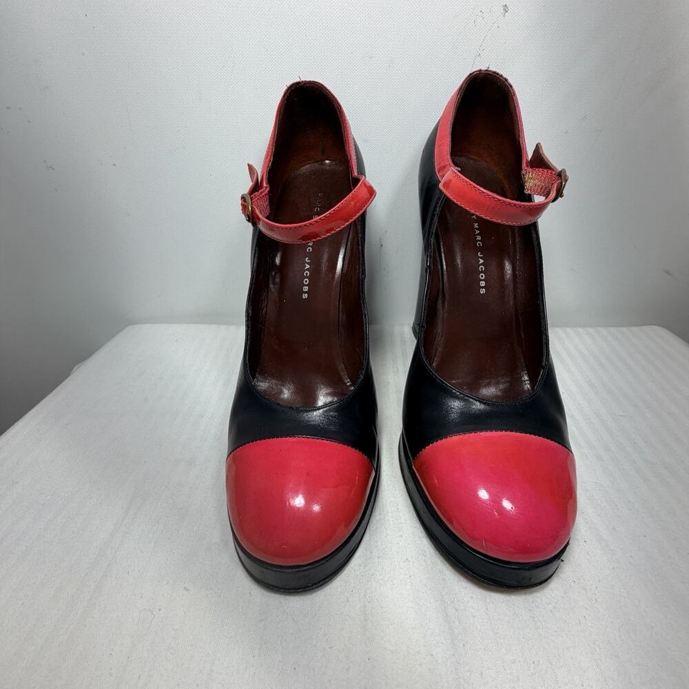 Marc by Marc Jacobs Leather Mary Jane Heels Black Pink Cap Toe Italy 38.5 90s
